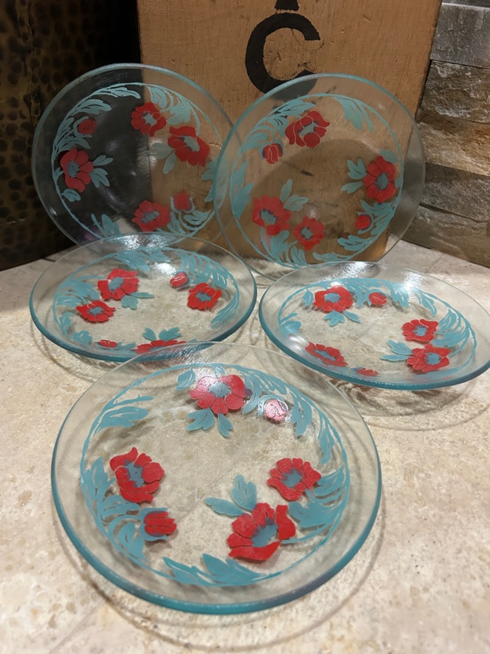 Set of 5 Vintage hand-painted Poppy Floral Plates